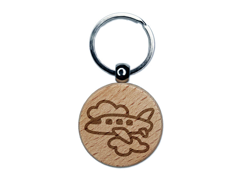 Airplane Flying Through Clouds Travel Trip Engraved Wood Round Keychain Tag Charm