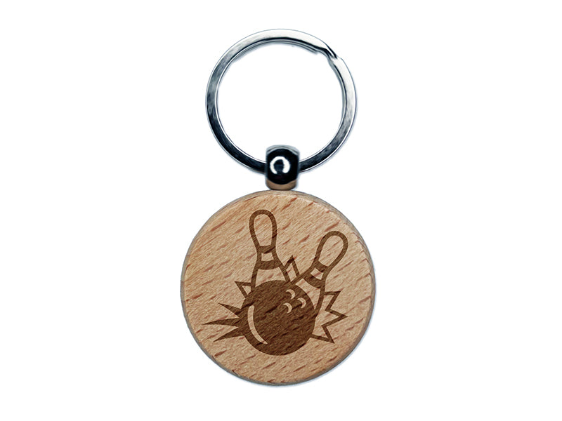 Bowling Ball Knocking Down Pins Engraved Wood Round Keychain Tag Charm