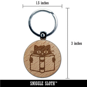 Cat Reading Book Engraved Wood Round Keychain Tag Charm