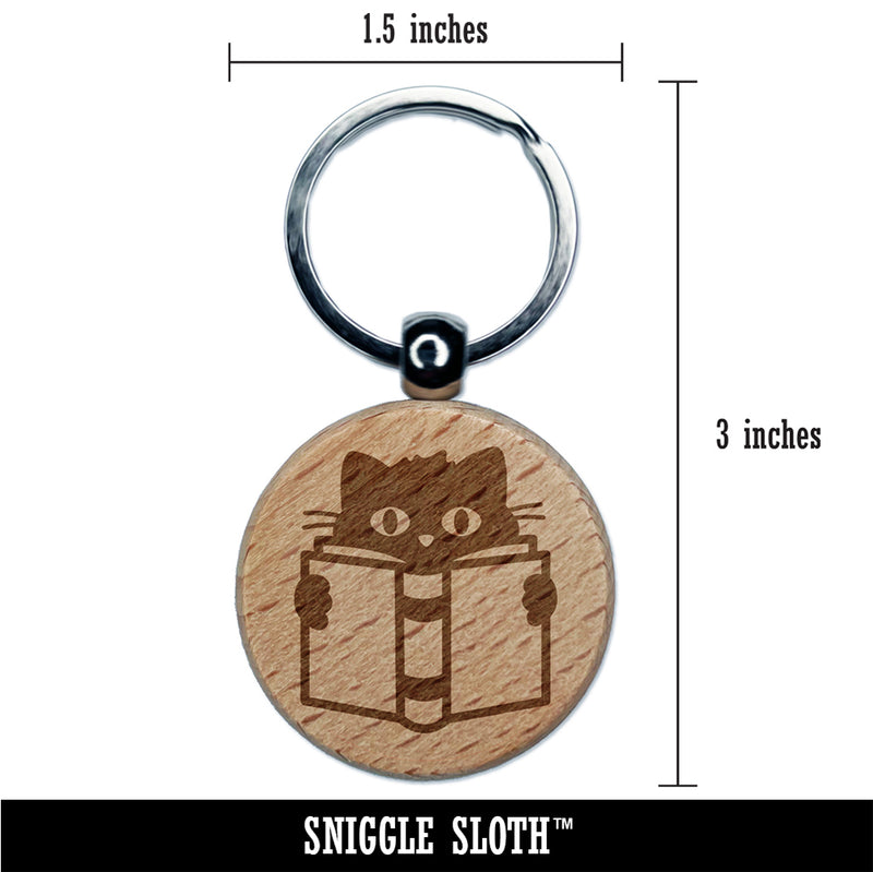 Cat Reading Book Engraved Wood Round Keychain Tag Charm
