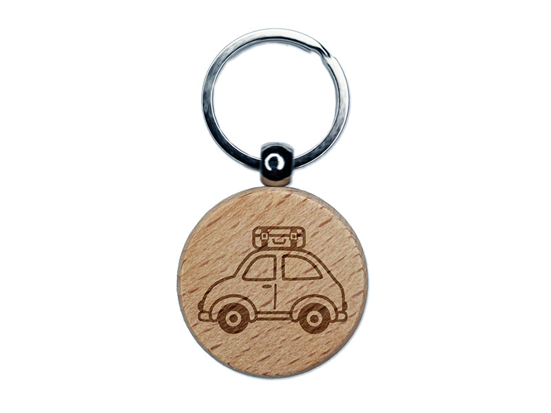 Cute Car with Suitcase Road Trip Travel Engraved Wood Round Keychain Tag Charm