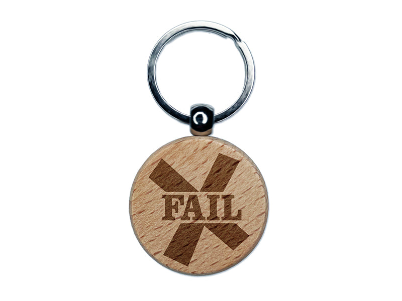 Fail X Mark Engraved Wood Round Keychain Tag Charm
