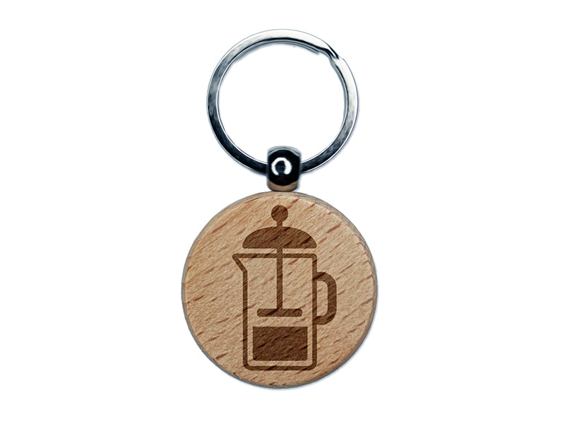 French Press Coffee Engraved Wood Round Keychain Tag Charm