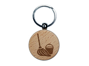 Mop and Bucket Cleaning Engraved Wood Round Keychain Tag Charm