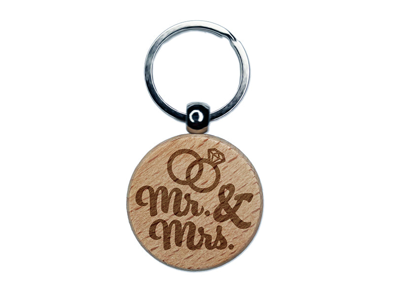 Mr. and Mrs. Wedding Rings Engraved Wood Round Keychain Tag Charm