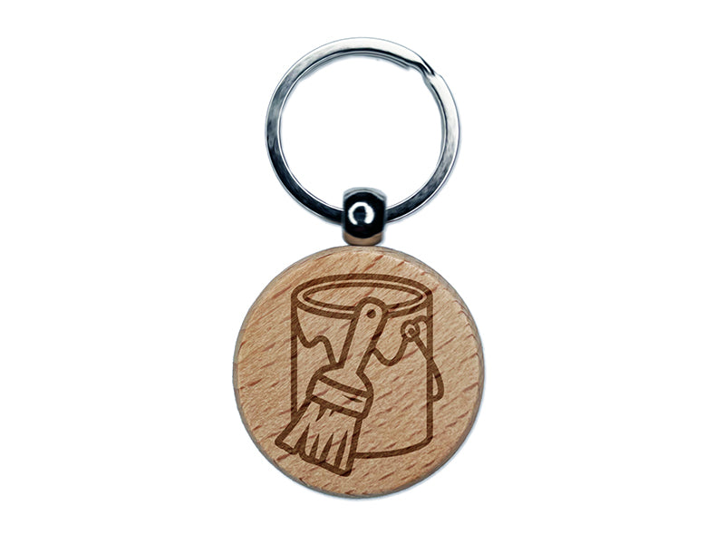 Paint Can with Brush Engraved Wood Round Keychain Tag Charm