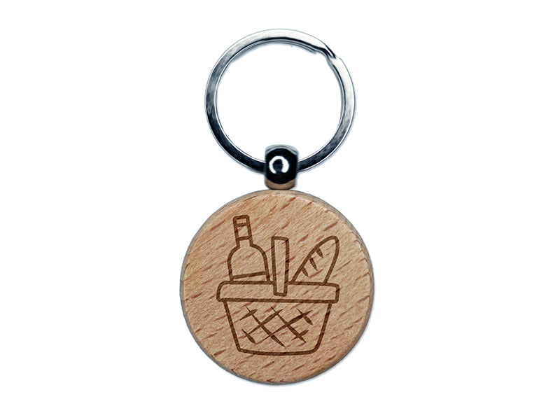 Picnic Basket Wine and Bread Engraved Wood Round Keychain Tag Charm