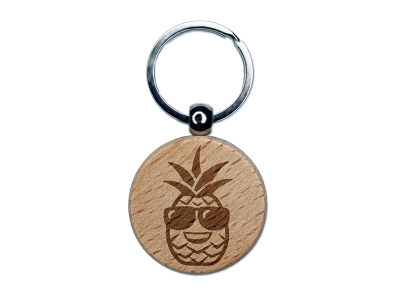 Pineapple with Sunglasses Engraved Wood Round Keychain Tag Charm