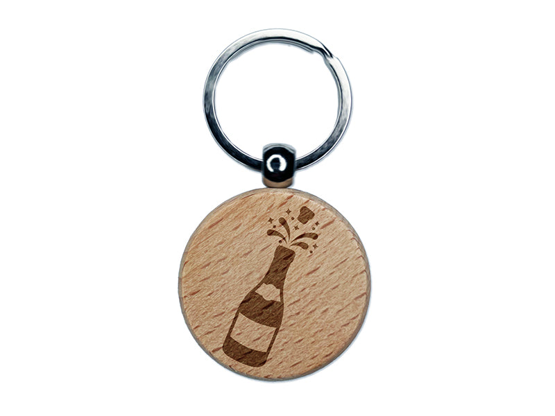 Popping Champagne Bottle Celebrate Celebration Engraved Wood Round Keychain Tag Charm