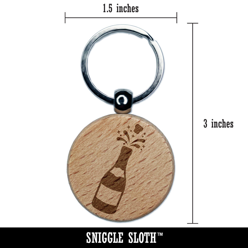 Popping Champagne Bottle Celebrate Celebration Engraved Wood Round Keychain Tag Charm