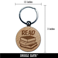 Read Stack of Books Engraved Wood Round Keychain Tag Charm