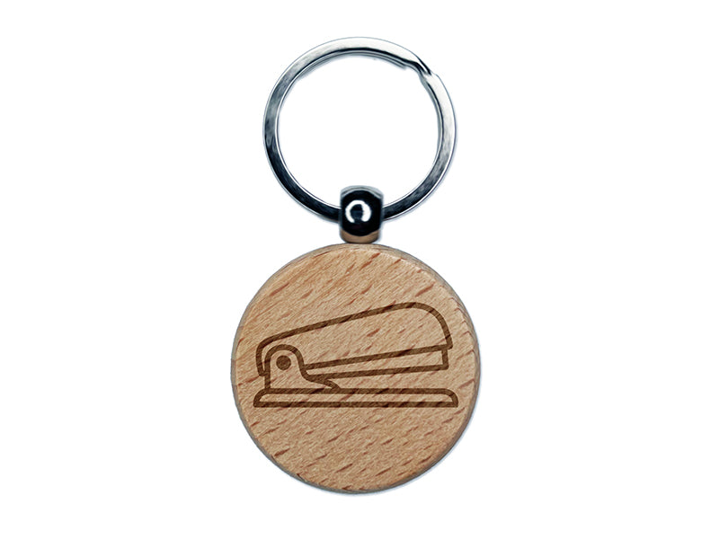 Stapler Office Supplies Engraved Wood Round Keychain Tag Charm