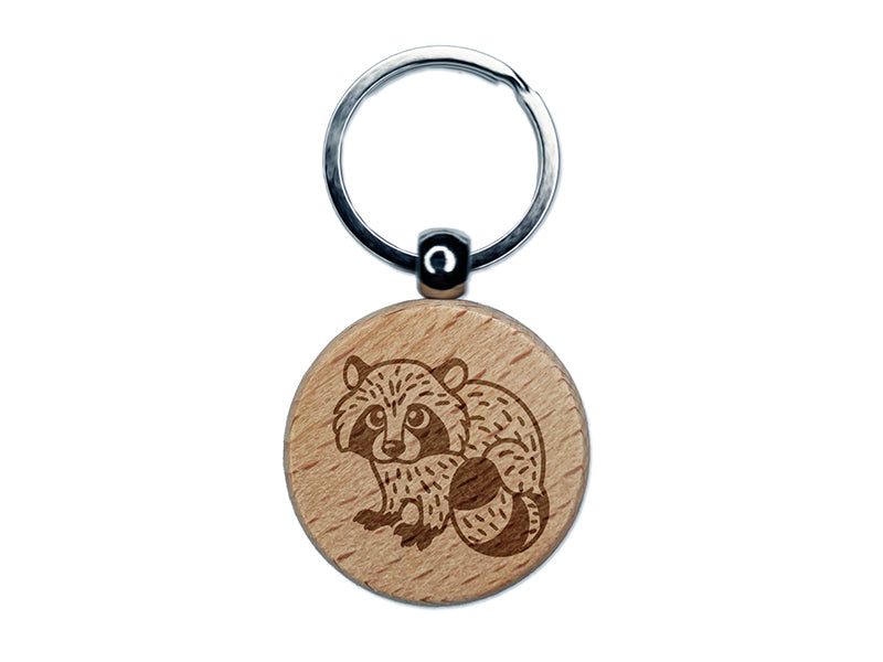 Baby Raccoon Woodland Animal Engraved Wood Round Keychain Tag Charm