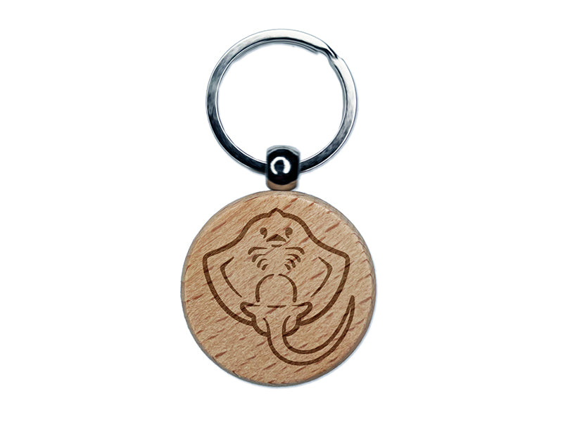 Baby Stingray Underside Engraved Wood Round Keychain Tag Charm
