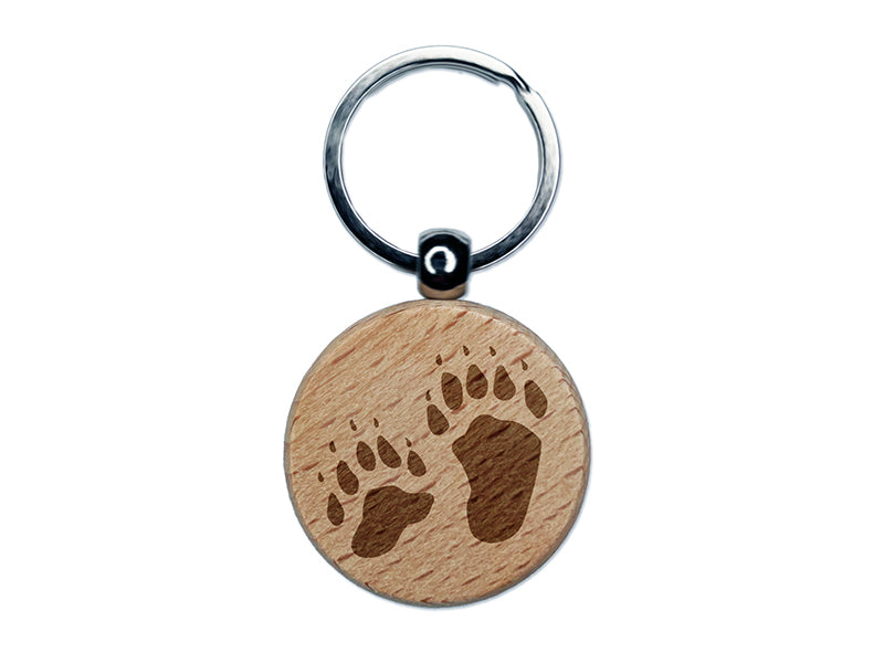 Bear Tracks Animal Paw Prints Engraved Wood Round Keychain Tag Charm