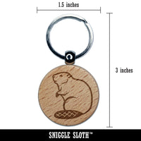 Beaver Sitting Engraved Wood Round Keychain Tag Charm