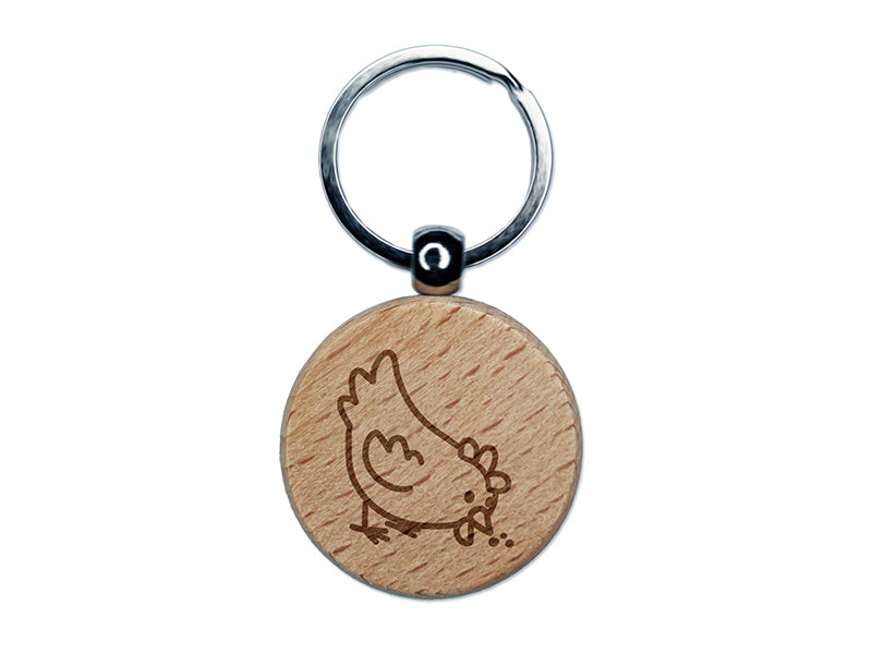 Cartoon Chicken Hen Pecking Ground Engraved Wood Round Keychain Tag Charm