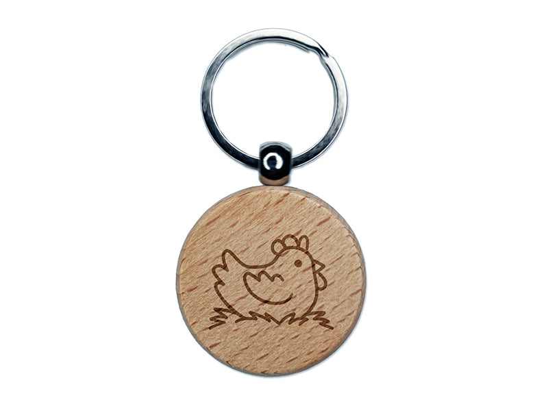 Cartoon Chicken Hen Sitting on Nest Engraved Wood Round Keychain Tag Charm