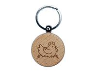 Cartoon Chicken Hen Sitting on Nest Engraved Wood Round Keychain Tag Charm
