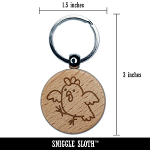 Cartoon Chicken Hen Trying to Fly Engraved Wood Round Keychain Tag Charm