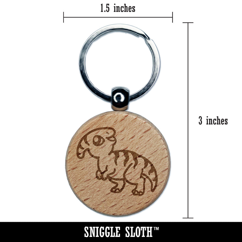 Chibi Parasaurolophus Dinosaur Engraved Wood Round Keychain Tag Charm