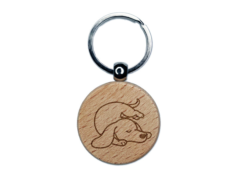 Dachshund Sleeping Wiener Dog Engraved Wood Round Keychain Tag Charm