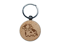 Darling Cow with Flower Engraved Wood Round Keychain Tag Charm