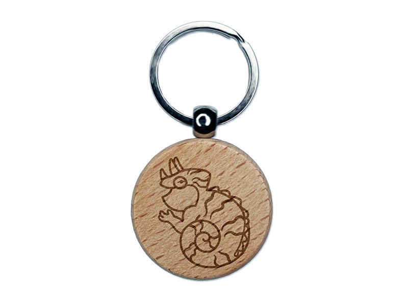 Fat Cute Jackson's Horned Chameleon Lizard Reptile Engraved Wood Round Keychain Tag Charm