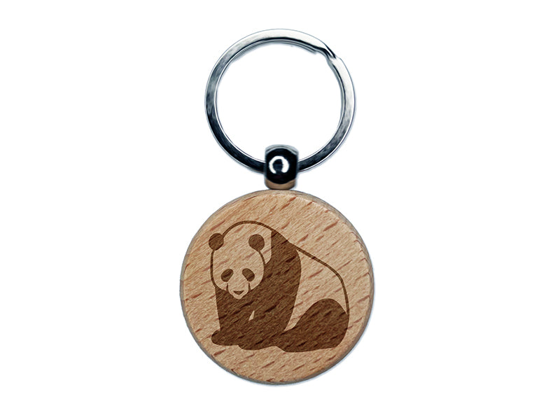 Cute Giant Panda Bear Sitting Engraved Wood Round Keychain Tag Charm