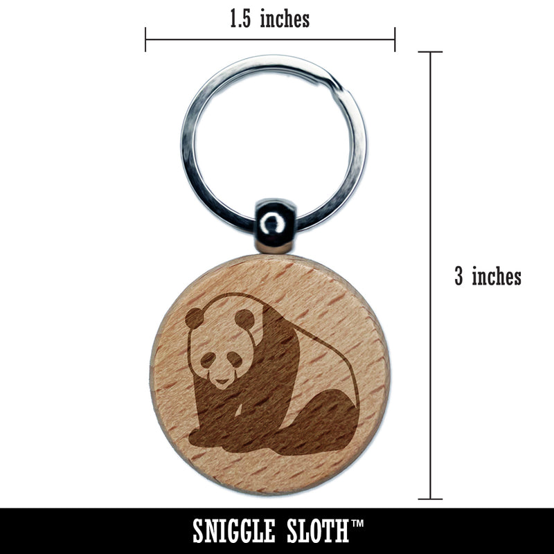 Cute Giant Panda Bear Sitting Engraved Wood Round Keychain Tag Charm