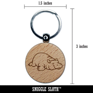 Lazy Hippo Hippopotamus Cute Engraved Wood Round Keychain Tag Charm