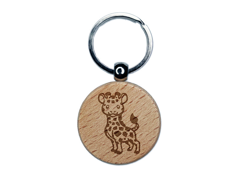 Lovable Giraffe African Zoo Animal Engraved Wood Round Keychain Tag Charm