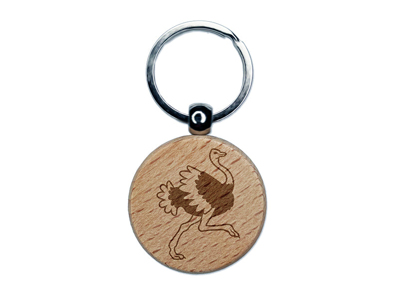 Ostrich Running Engraved Wood Round Keychain Tag Charm