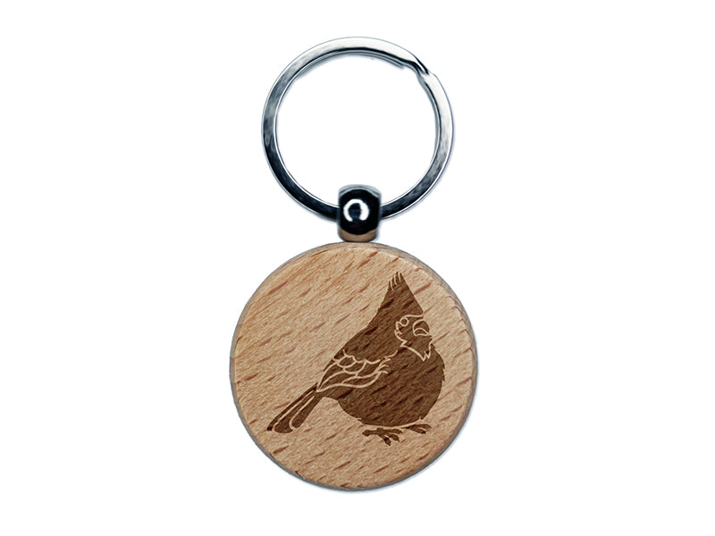 Puffy Cardinal Bird Engraved Wood Round Keychain Tag Charm