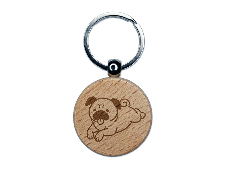 Pug Laying Down Dog Engraved Wood Round Keychain Tag Charm