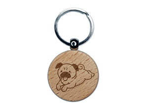 Pug Laying Down Dog Engraved Wood Round Keychain Tag Charm