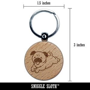 Pug Laying Down Dog Engraved Wood Round Keychain Tag Charm