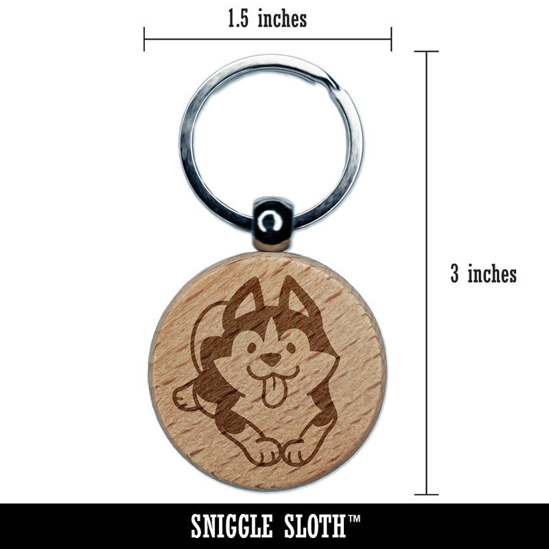 Siberian Husky Laying Down Dog Engraved Wood Round Keychain Tag Charm