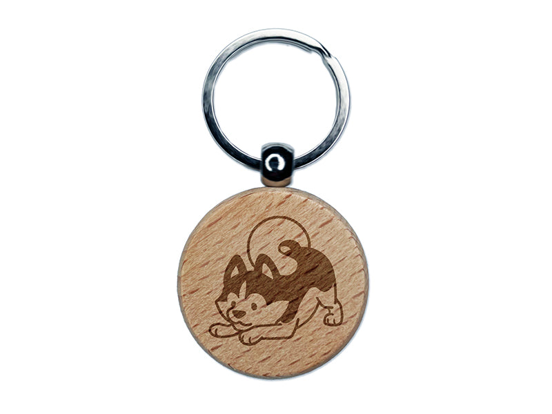 Siberian Husky Play Bow Dog Engraved Wood Round Keychain Tag Charm