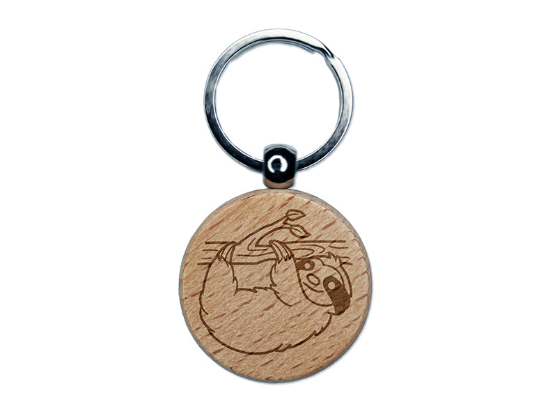 Sloth Hanging from a Branch Engraved Wood Round Keychain Tag Charm