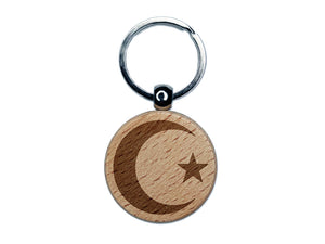 Star and Crescent Moon Islam Ottoman Engraved Wood Round Keychain Tag Charm