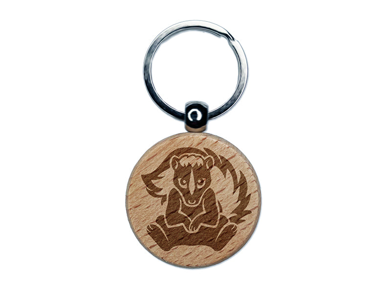 Sweet Skunk Sitting Engraved Wood Round Keychain Tag Charm