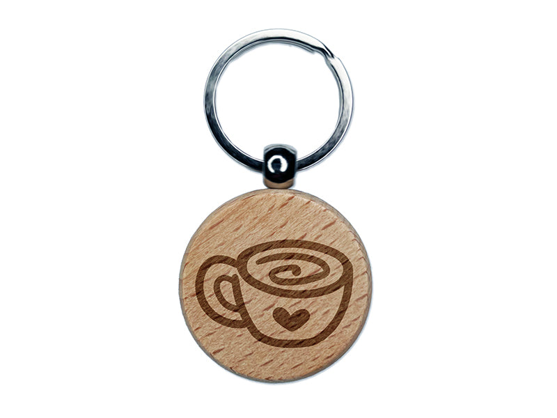 Swirly Latte Coffee Mug with Heart Engraved Wood Round Keychain Tag Charm
