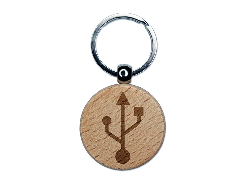 USB Symbol Engraved Wood Round Keychain Tag Charm