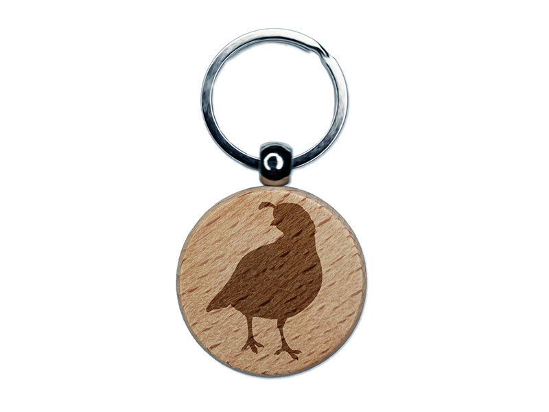 Walking Quail Bird Solid Engraved Wood Round Keychain Tag Charm