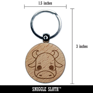Charming Kawaii Chibi Bull Face Blushing Cheeks Engraved Wood Round Keychain Tag Charm