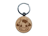 Charming Kawaii Chibi Cow Face Blushing Cheeks Milk Farm Engraved Wood Round Keychain Tag Charm