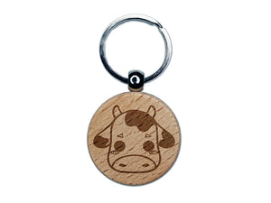 Charming Kawaii Chibi Cow Face Blushing Cheeks Milk Farm Engraved Wood Round Keychain Tag Charm