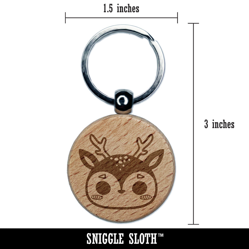 Charming Kawaii Chibi Deer Face Blushing Cheeks Engraved Wood Round Keychain Tag Charm
