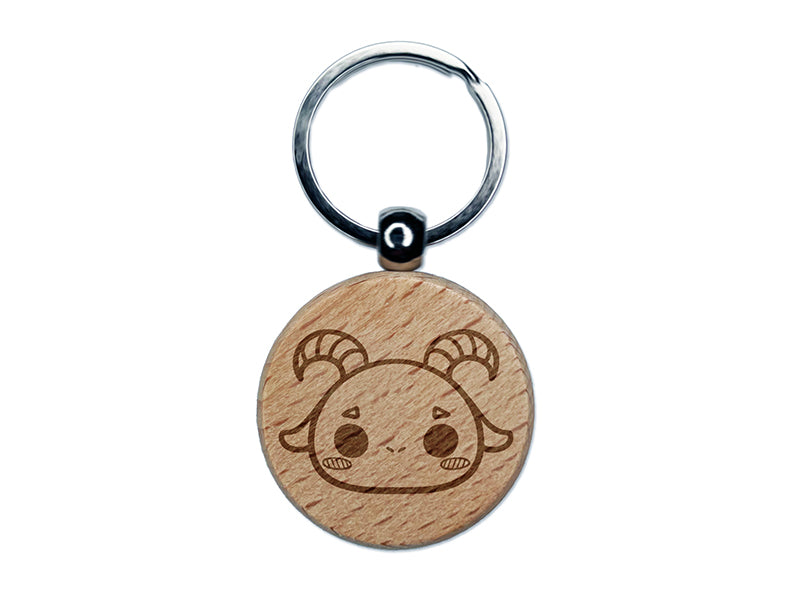 Charming Kawaii Chibi Goat Face Blushing Cheeks Engraved Wood Round Keychain Tag Charm